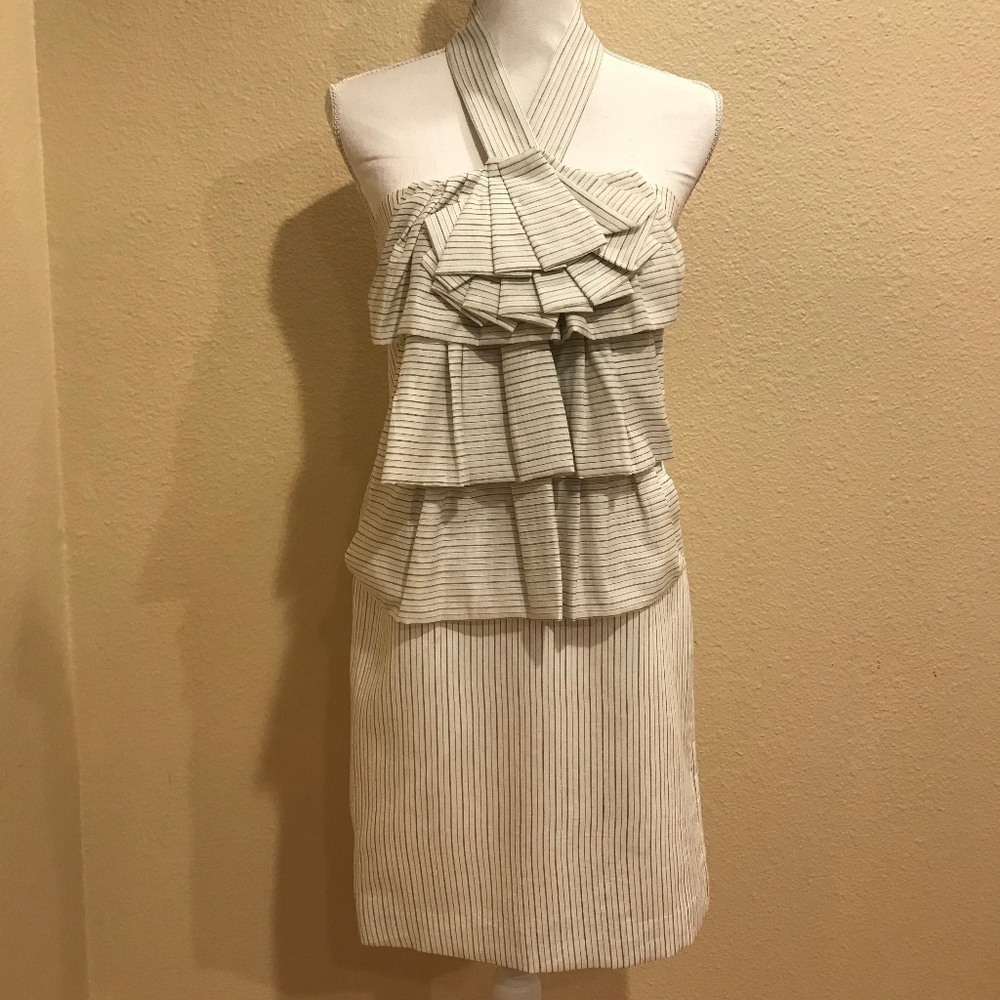 Robert Rodriguez White Striped Halter Neck Dress with Pleats